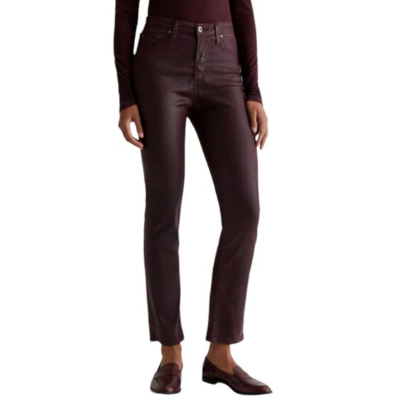 AG Adriano Goldschmied Mari Leatherette Mid-Rise Slim Straight 28 Maroon (28x29) - Picture 2 of 16